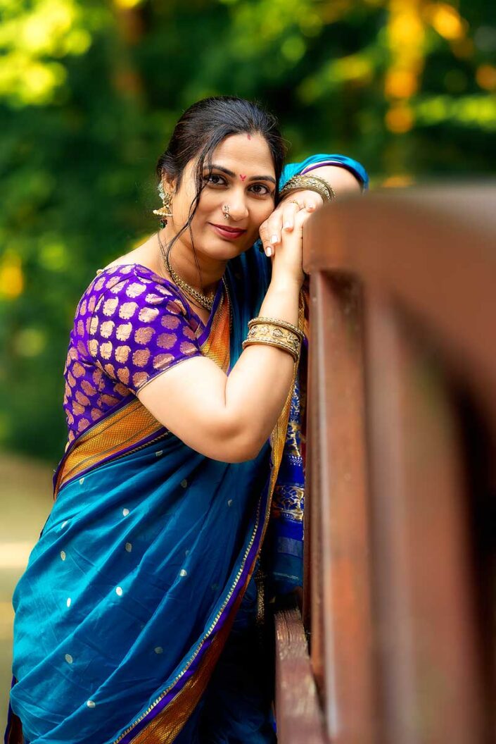 Naperville family photographer lady blue saree marathi standing